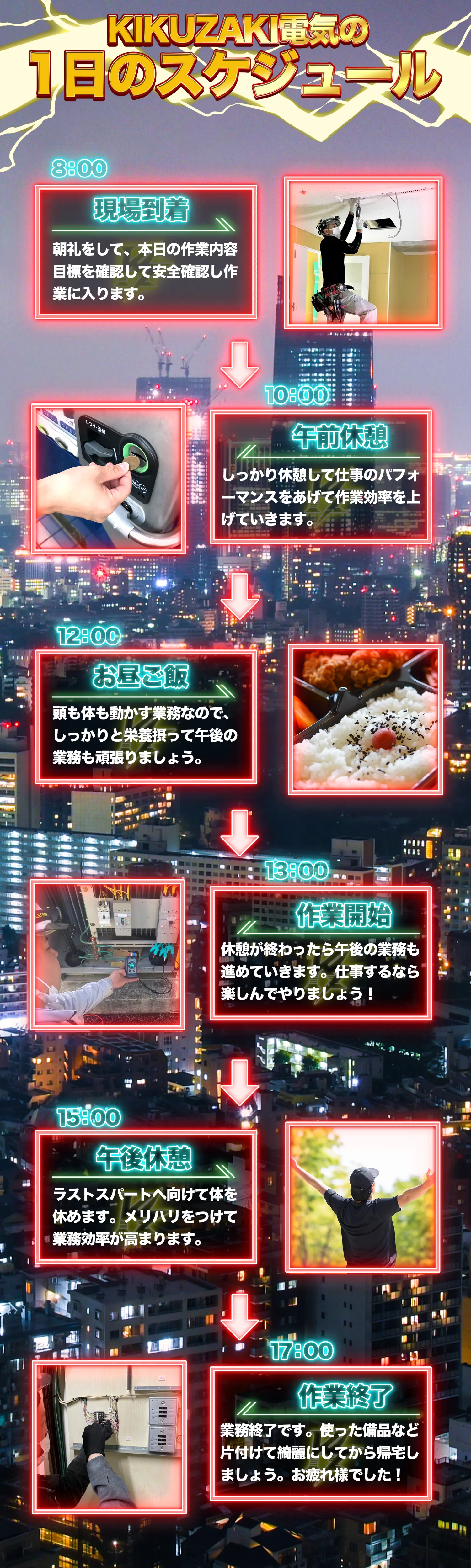 KIKUZAKI電気の1日のスケジュール